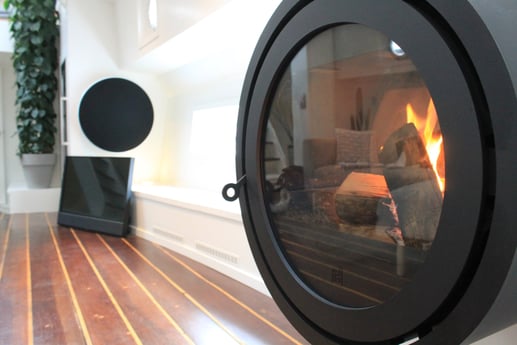 Living room with panorama window and fireplace!