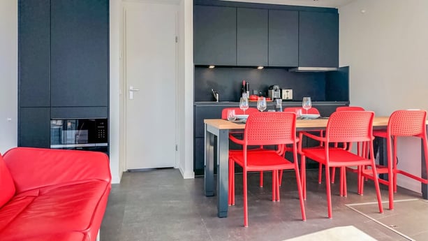 Spacious dining area and kitchen.