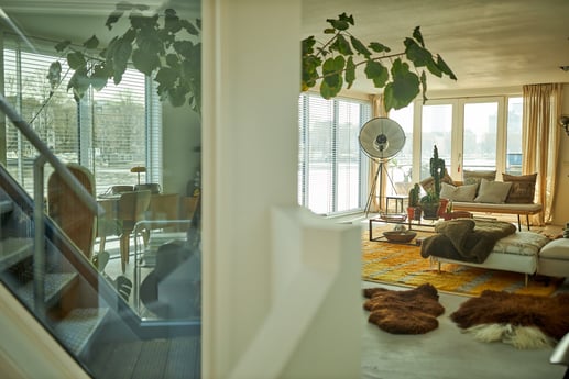 living room and stairs to upper deck