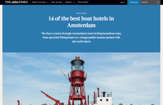 Rated best boat hotel Amsterdam! Featured in the UK Times