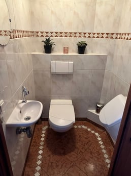 Toilet met urinoir met wasbak en handdoek en zeep, altijd toiletpapier aanwezig.
