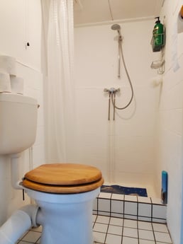 Eigen eenvoudige badkamer met toilet en douche.