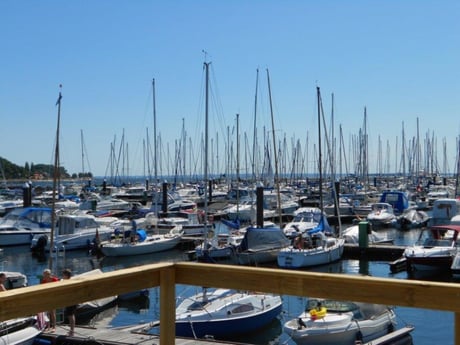 Vanaf het grote dakterras heb je een geweldig uitzicht over de haven en de Ostsee.