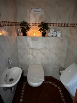 Toilettes avec urinoir et papier toilette toujours à disposition