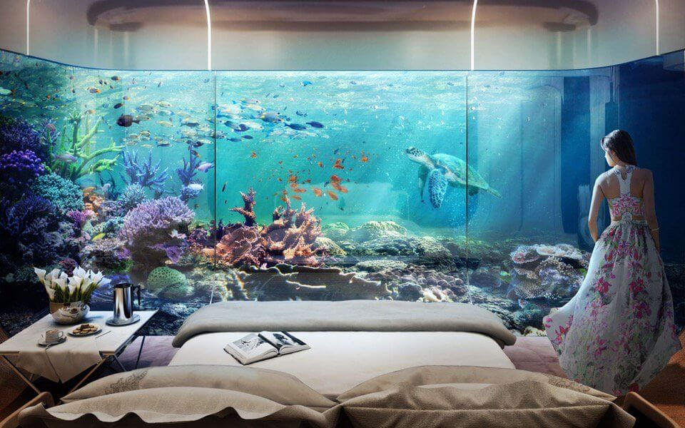 El dormitorio con vista al arrecife de coral.